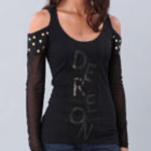 NEW RED Dereon Beyonce  Y2K Mesh Sleeve Cut out Stud shoulder long sleeve S